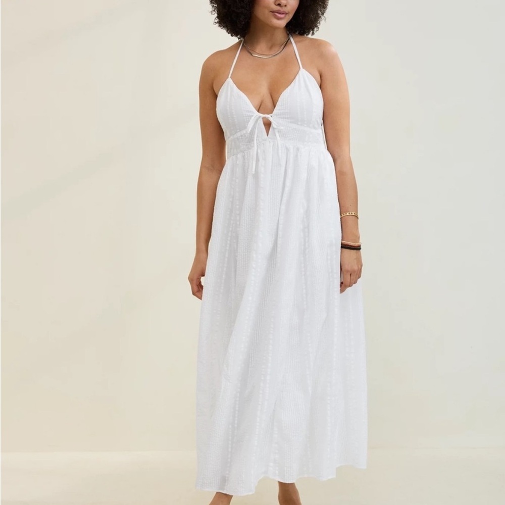 Aerie White Halter Open Back Seersucker Sundress XXS